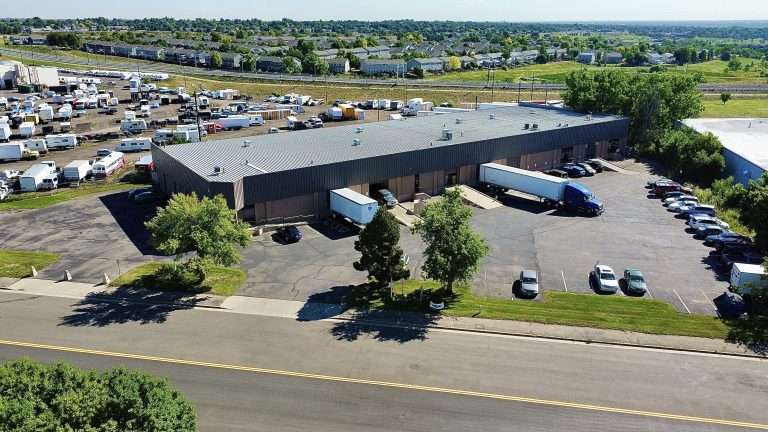 Aerial view of commercial property located at 10880 Leroy Drive in Northglenn, Colorado.