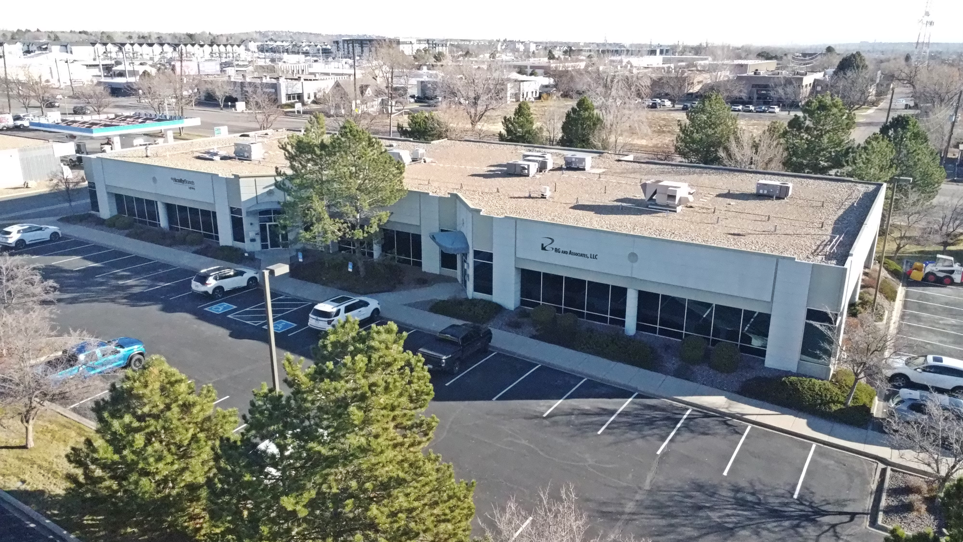 Aerial view of commercial office property located at 4885 Ward Road in Wheat Ridge Colorado.